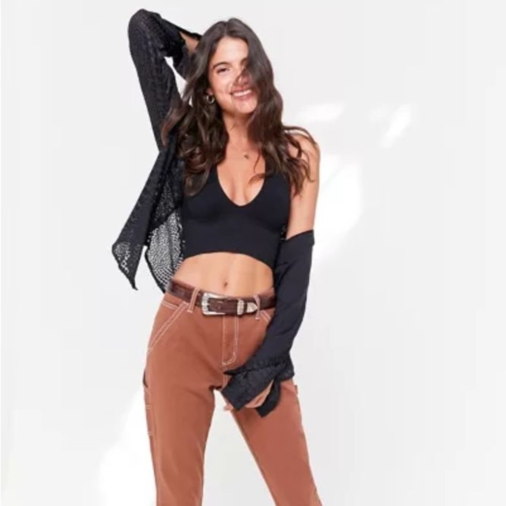 Urban Outfitters Out From Under Black Ribbed Plunge Halter Crop Top Sz S GUC